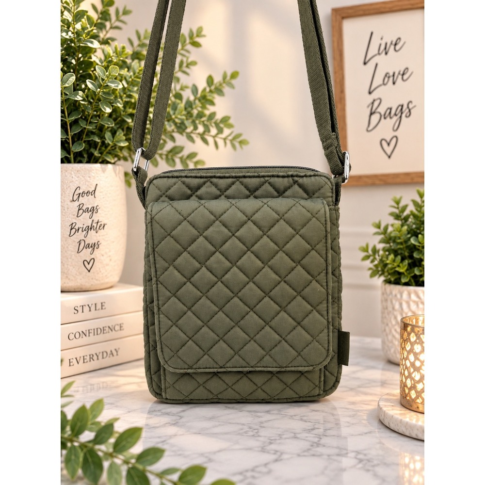Vera Bradley Olive Green Quilted Cotton Crossbody Bag with Floral Lining